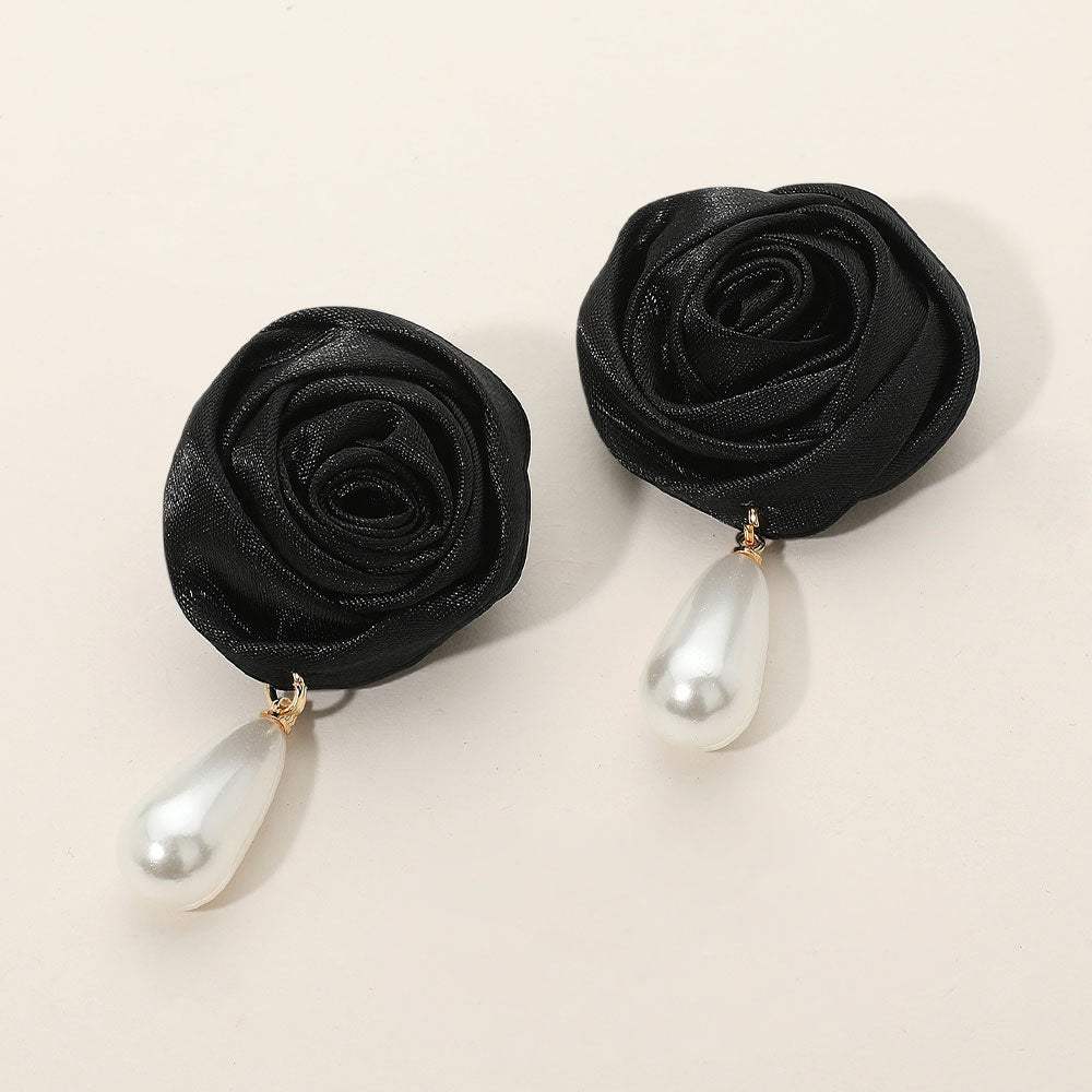 Teardrop Pearl Dangle Satin Rose Earrings - Madeline Love - Flyclothing LLC