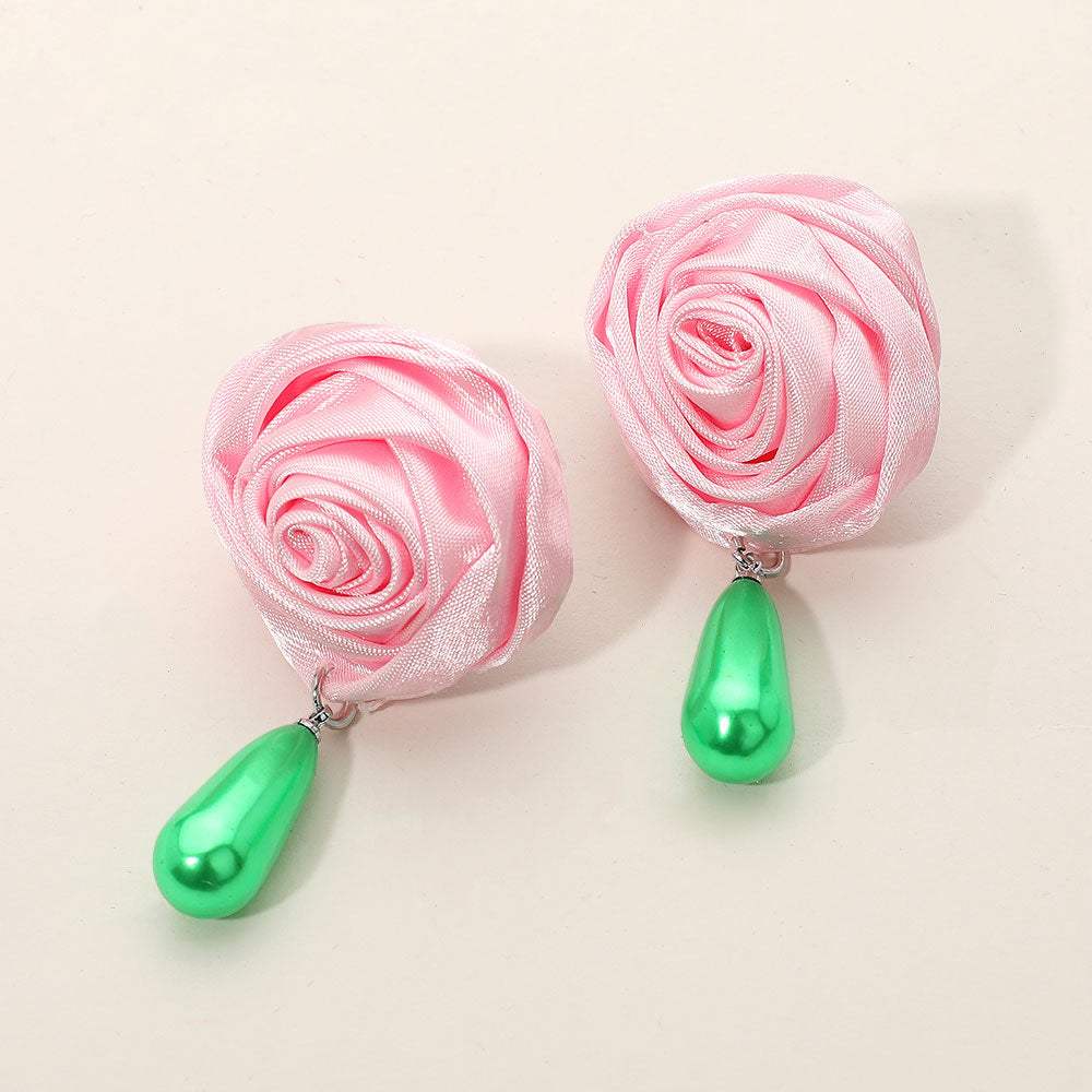 Teardrop Pearl Dangle Satin Rose Earrings - Madeline Love - Flyclothing LLC