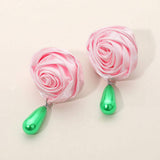 Teardrop Pearl Dangle Satin Rose Earrings - Madeline Love - Flyclothing LLC