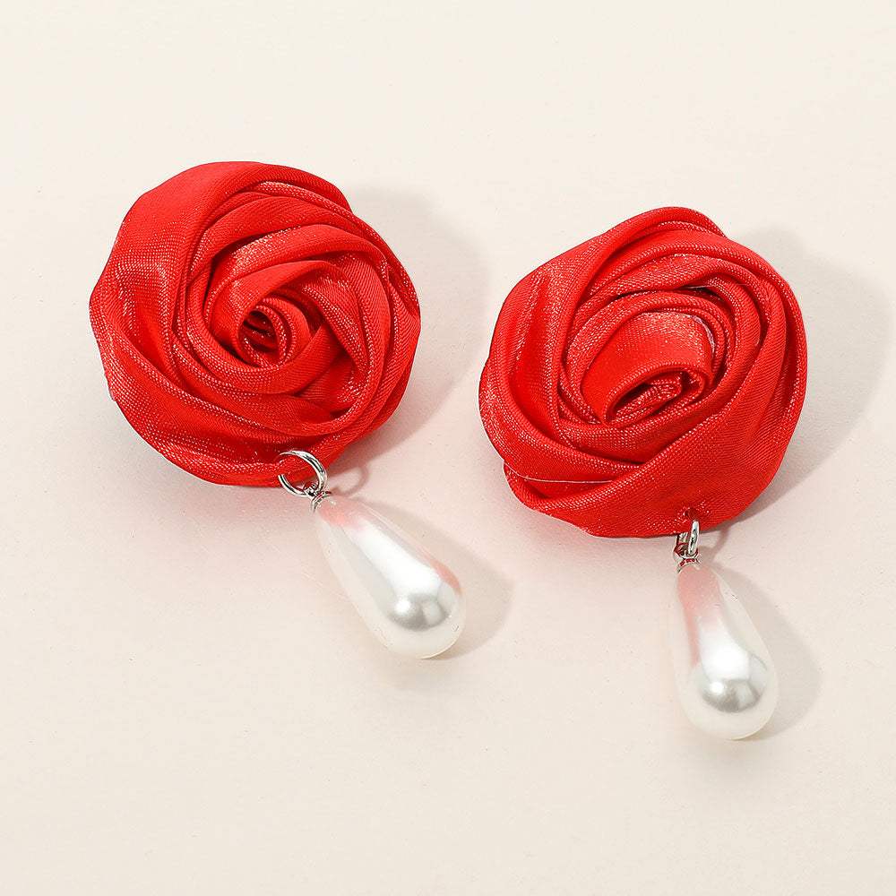 Teardrop Pearl Dangle Satin Rose Earrings - Madeline Love - Flyclothing LLC