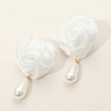 Teardrop Pearl Dangle Satin Rose Earrings - Madeline Love - Flyclothing LLC
