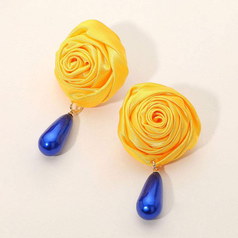 Teardrop Pearl Dangle Satin Rose Earrings - Madeline Love - Flyclothing LLC