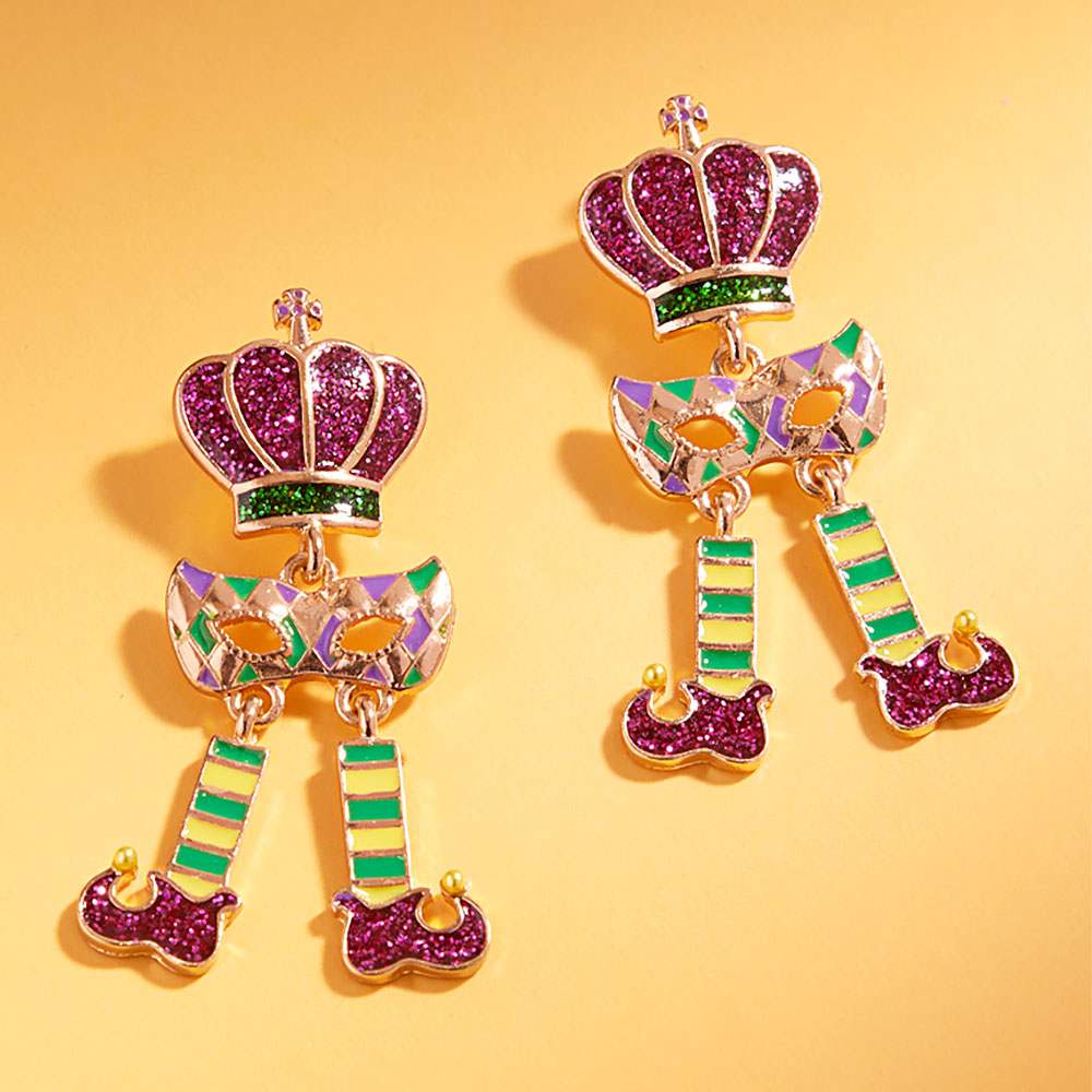 Glitter Enamel Mardi Gras Jester Crown Mask Shoes Link Drop Earrings - Madeline Love - Flyclothing LLC