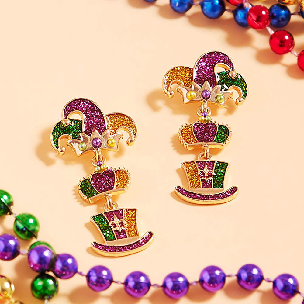 Glittered Enamel Mardi Gras Jester Hat Link Dropdown Dangle Earrings - Madeline Love - Flyclothing LLC