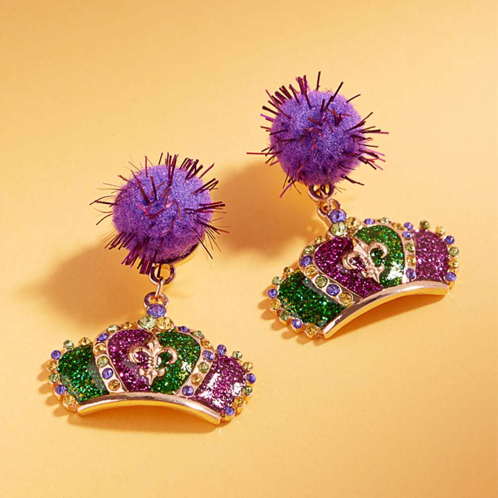 Glitter Enamel Mardi Gras Crown Dangle Pom Earrings - Madeline Love - Flyclothing LLC