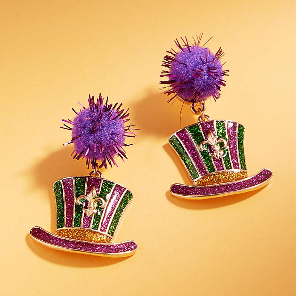 Glitter Enamel Mardi Gras Hat Dangle Pom Earrings - Madeline Love - Flyclothing LLC
