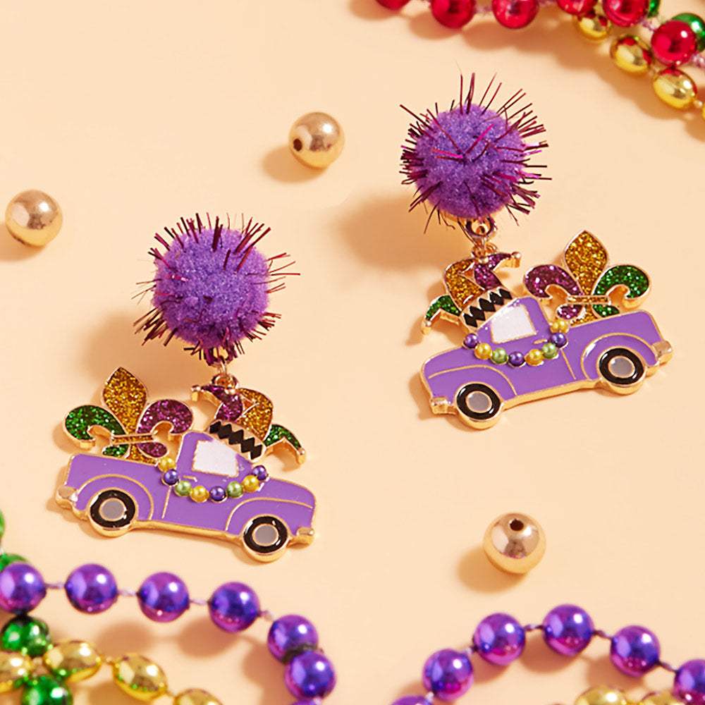 Glittered Enamel Mardi Gras Truck Dangle Pom Earrings - Madeline Love - Flyclothing LLC