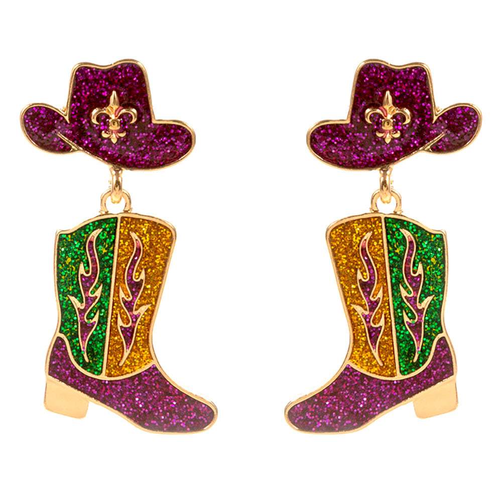 Enamel Glitter Mardi Gras Western Hat Boot Drop Dangle Earrings - Madeline Love - Flyclothing LLC