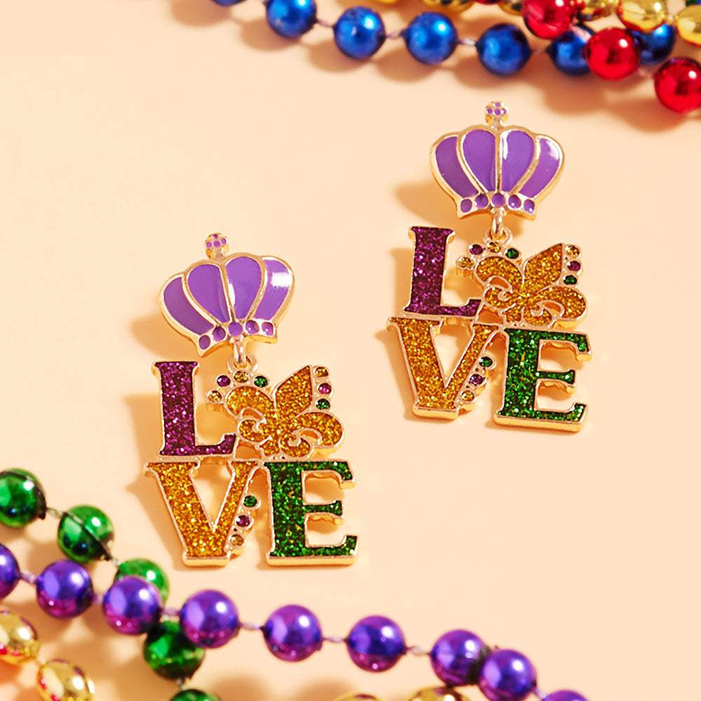 Glittered Enamel Mardi Gras LOVE Message Dangle Earrings - Madeline Love - Flyclothing LLC