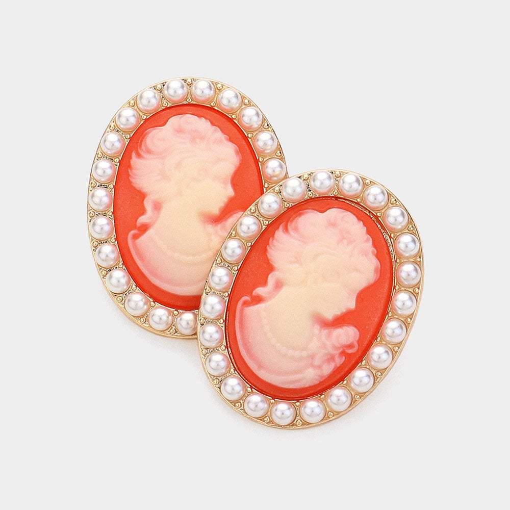 Pearl Embellished Cameo Stud Earrings - Madeline Love - Flyclothing LLC
