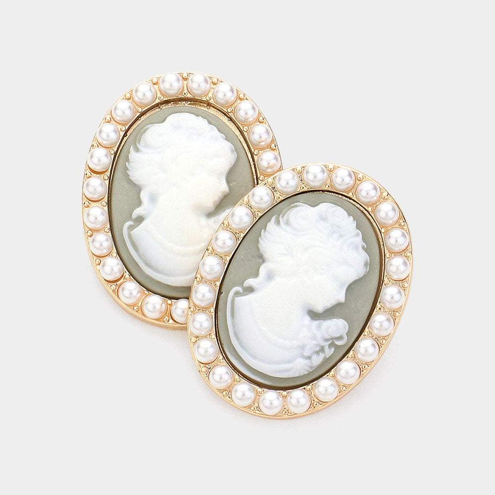 Pearl Embellished Cameo Stud Earrings - Madeline Love - Flyclothing LLC