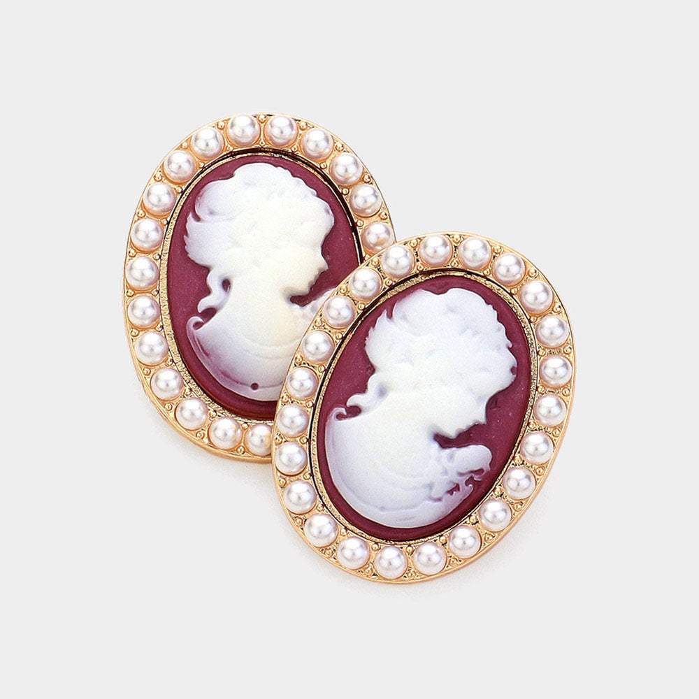 Pearl Embellished Cameo Stud Earrings - Madeline Love - Flyclothing LLC