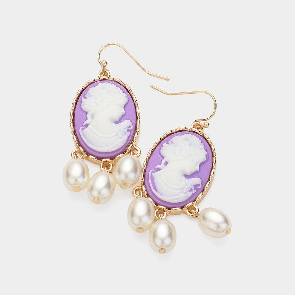 Triple Pearl Embellished Cameo Dangle Earrings - Madeline Love - Flyclothing LLC