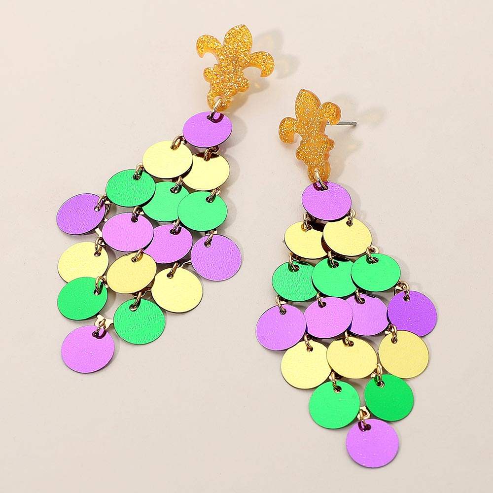 Fleur de Lis Accent Mardi Gras Sequin Chandelier Statement Earrings - Madeline Love - Flyclothing LLC