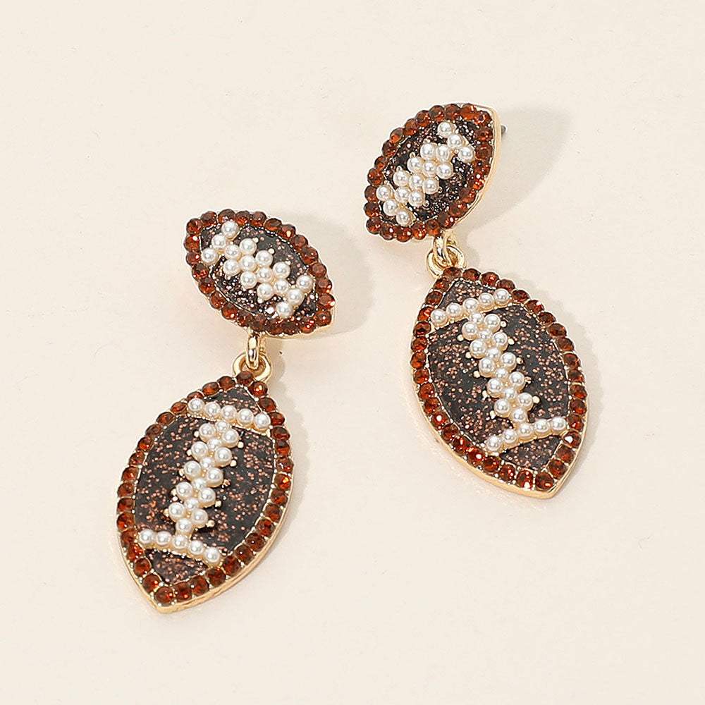 Rhinestone Pearl Embellished Football Dangle Earrings - Madeline Love - Flyclothing LLC