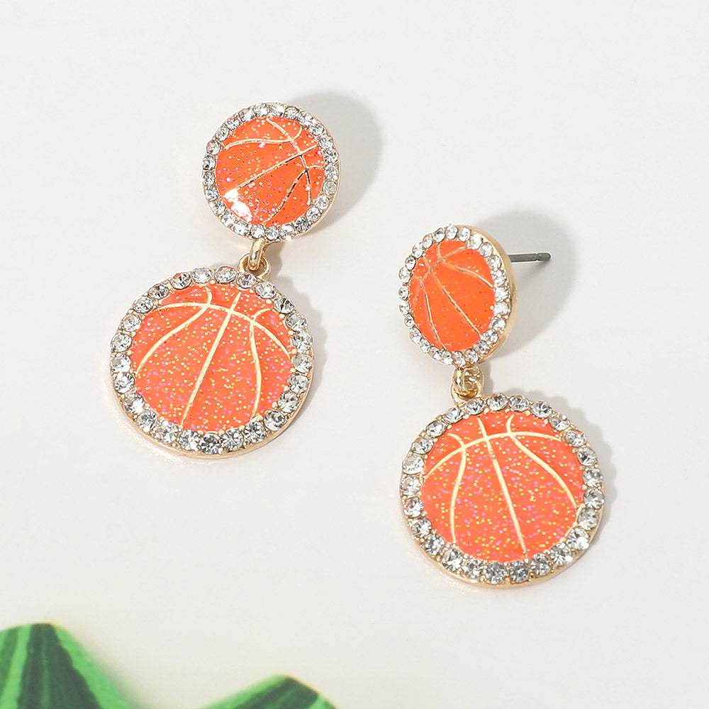 Rhinestone Rim Double Glitter Basketball Link Drop Earrings - Madeline Love - Flyclothing LLC
