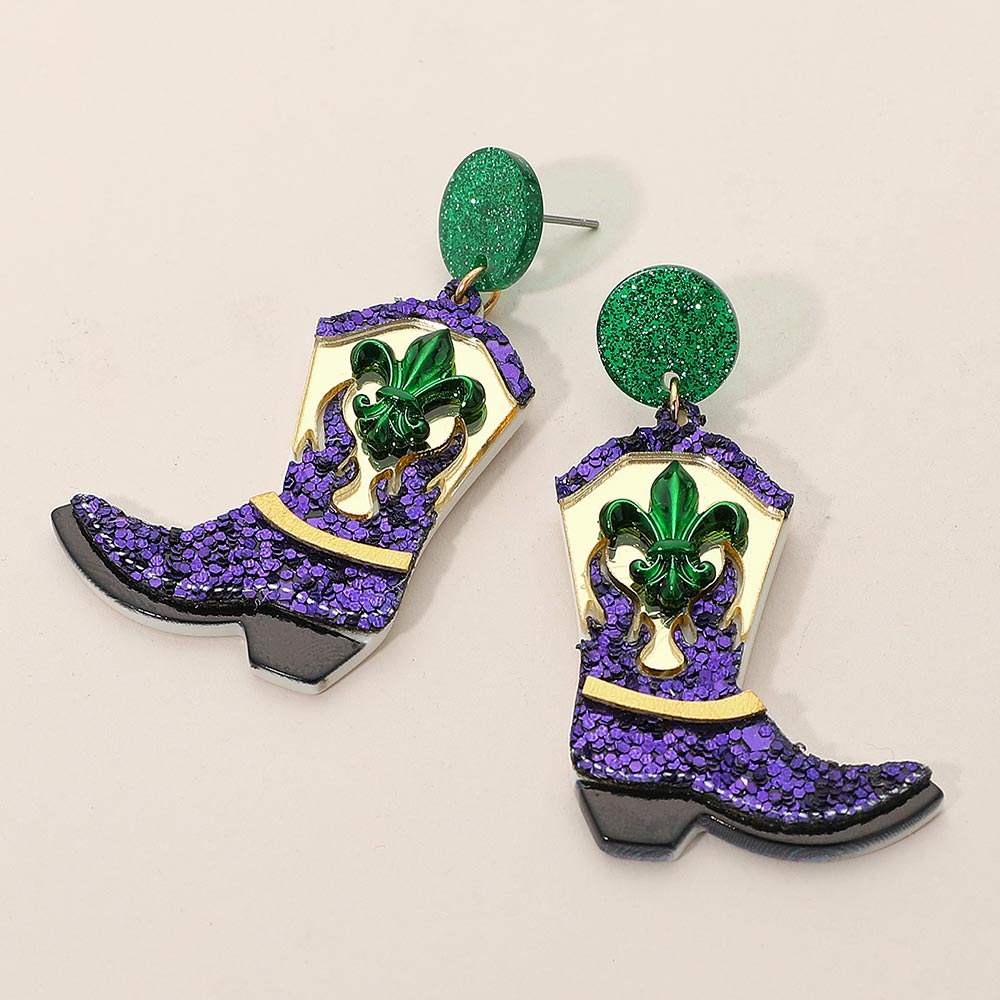 Sequin Resin Mardi Gras Cowboy Boot Dangle Earrings - Madeline Love - Flyclothing LLC