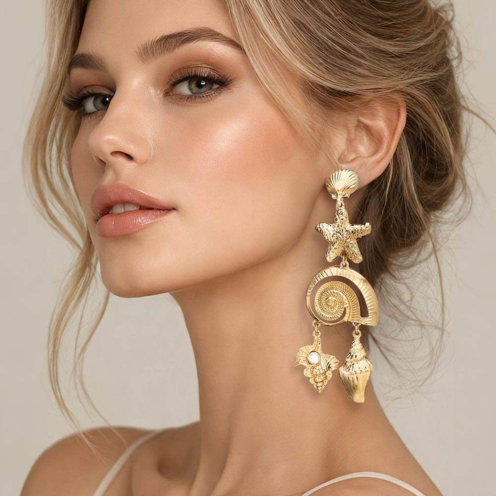 Bold Textured Starfish Shell Link Drop Statement Earrings - Madeline Love - Flyclothing LLC