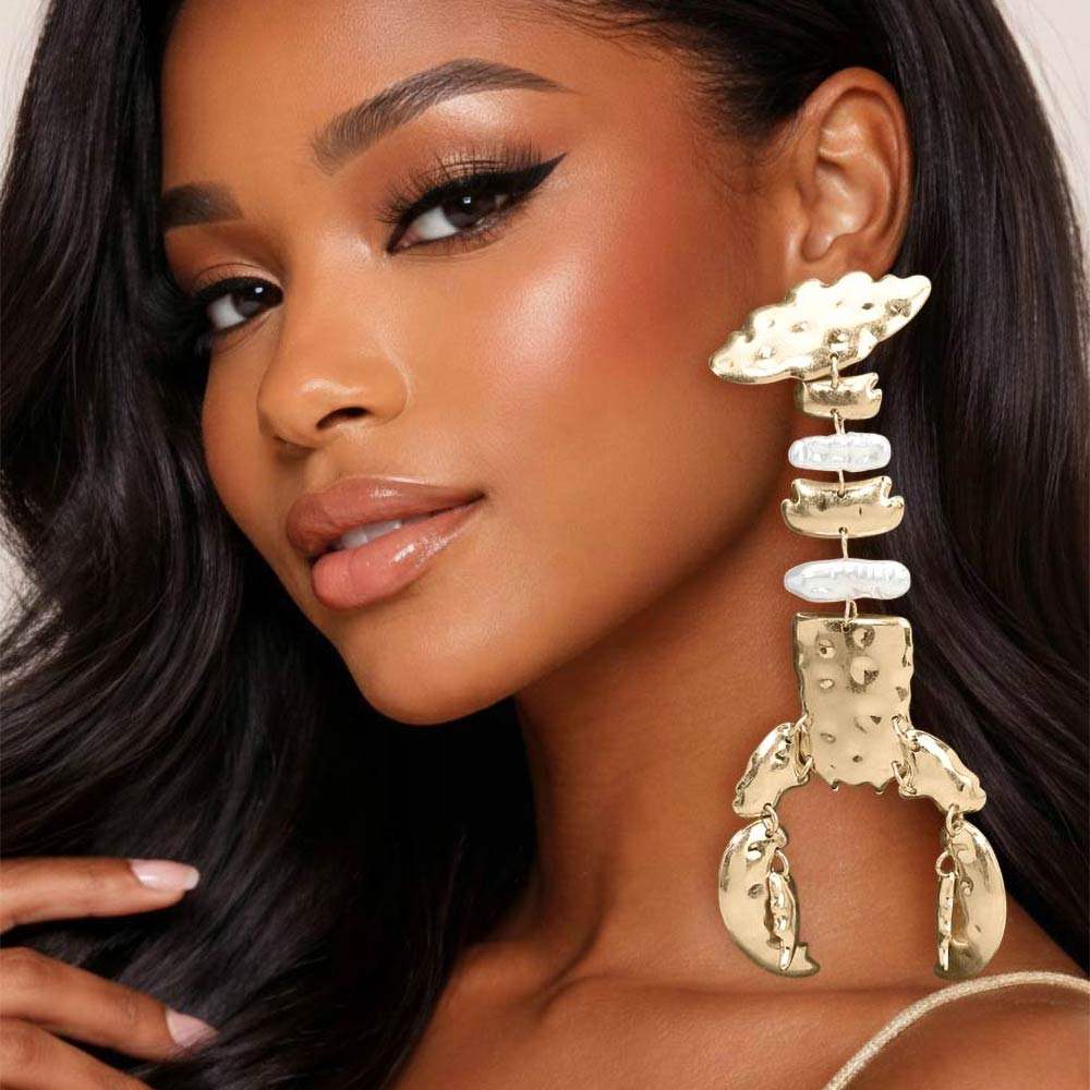 Bold Abstract Pearl Hammered Metal Lobster Link Drop Statement Earrings - Madeline Love - Flyclothing LLC