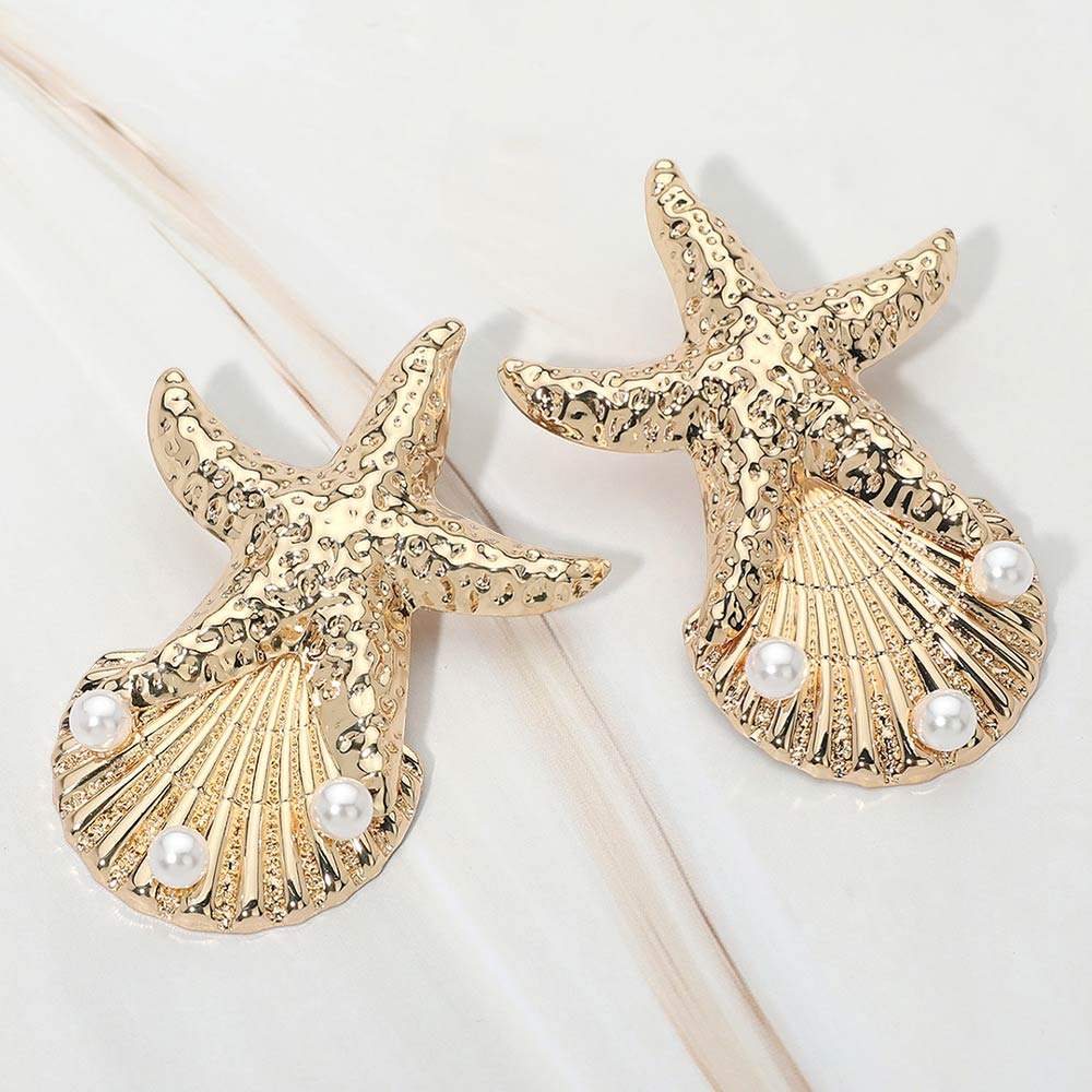 Pearl Accent Textured Starfish Shell Earrings - Madeline Love - Flyclothing LLC