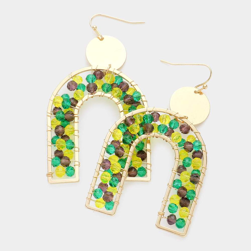Mardi Gras Metal Disc Faceted Bead Wrapped Metal Arch Dangle Earrings - Madeline Love - Flyclothing LLC