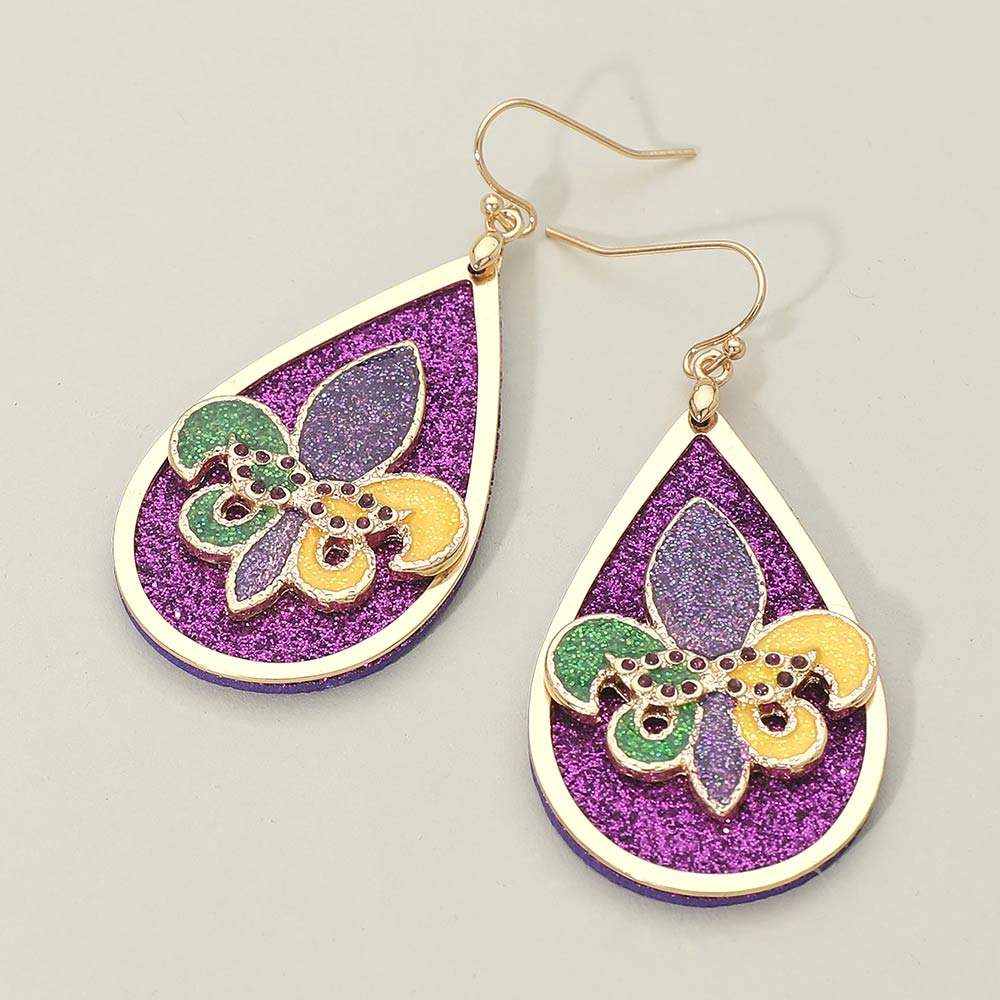 Glitter Mardi Gras Fleur de Lis Teardrop Dangle Earrings - Madeline Love - Flyclothing LLC
