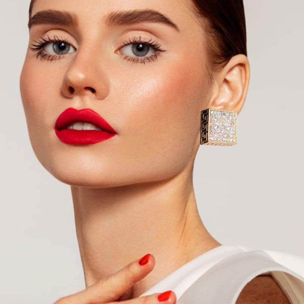 Greek Pattern Detailed Rhinestone Embellished Square Earrings - Madeline Love - Flyclothing LLC
