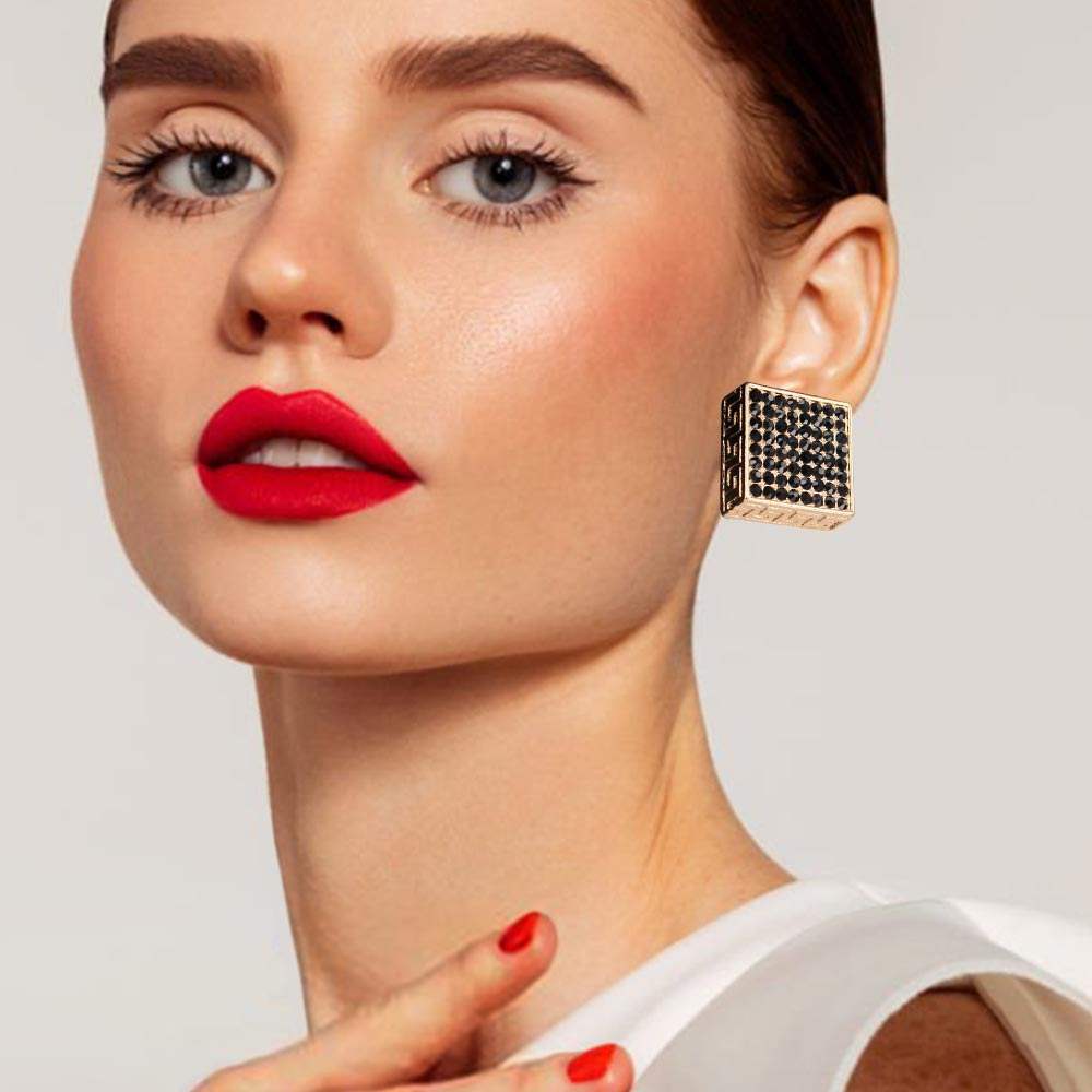 Greek Pattern Detailed Rhinestone Embellished Square Earrings - Madeline Love - Flyclothing LLC