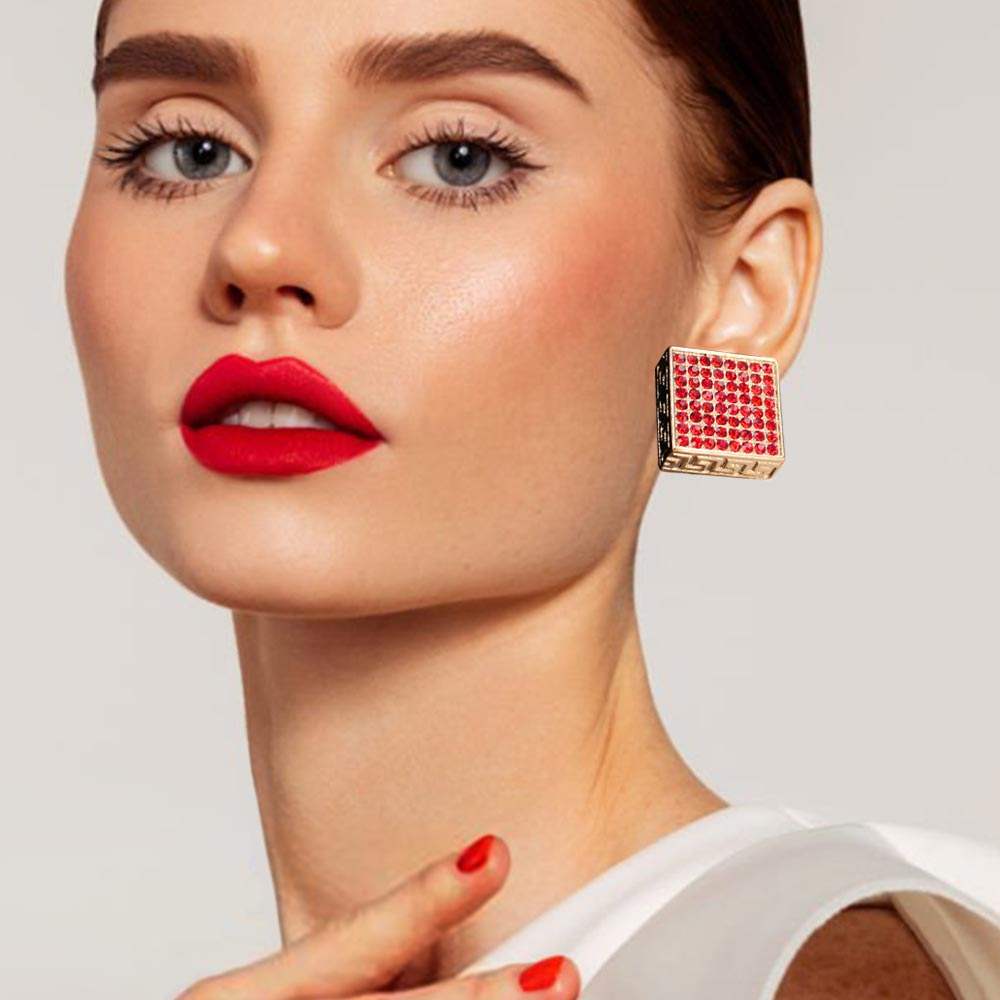 Greek Pattern Detailed Rhinestone Embellished Square Earrings - Madeline Love - Flyclothing LLC