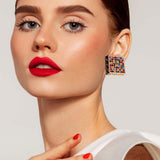 Greek Pattern Detailed Rhinestone Embellished Square Earrings - Madeline Love - Flyclothing LLC