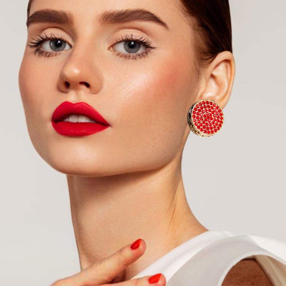 Greek Pattern Detailed Rhinestone Embellished Round Earrings - Madeline Love - Flyclothing LLC