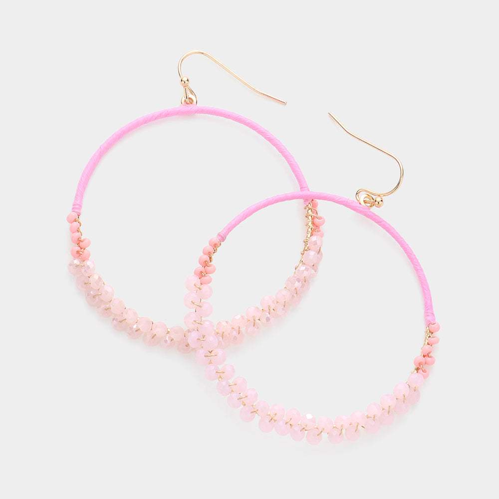 Raffia Faceted Bead Wrapped Open Metal Circle Dangle Earrings - Madeline Love - Flyclothing LLC