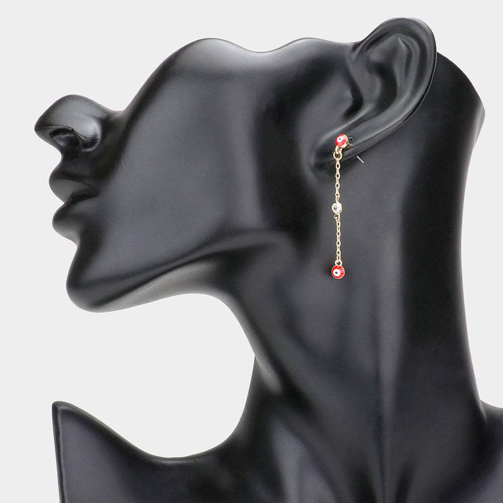 Evil Eye Round Stone Link Linear Dangle Earrings - Madeline Love - Flyclothing LLC