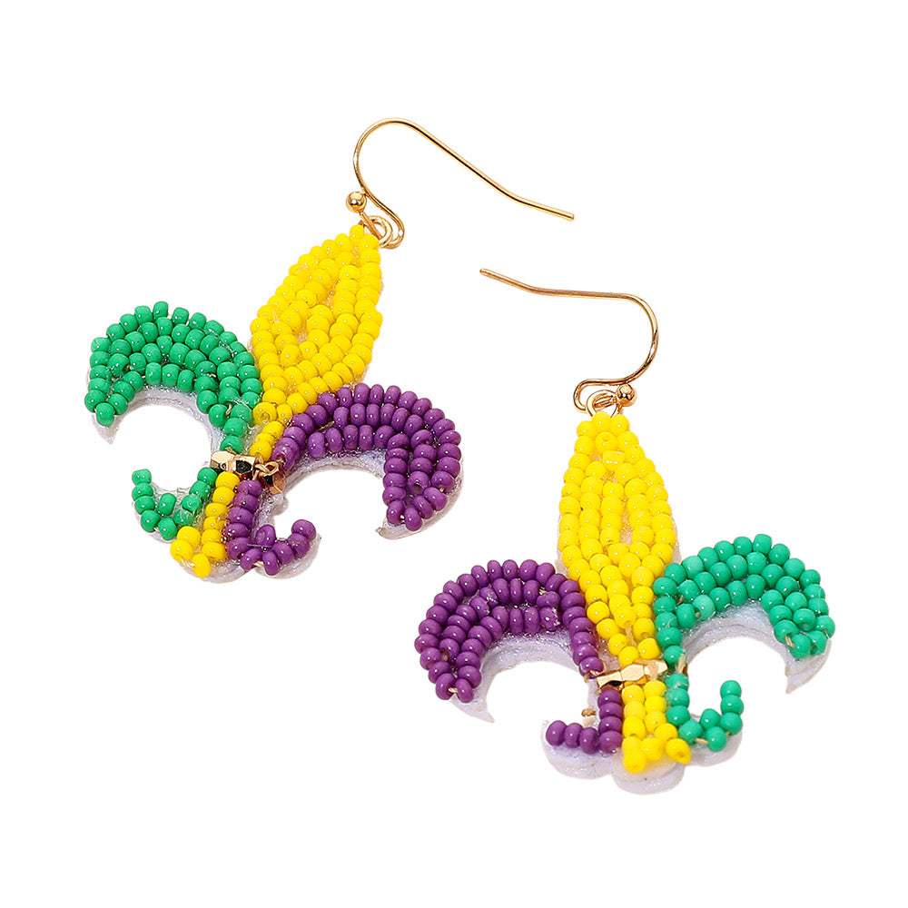 Felt Back Mardi Gras Seed Beaded Fleur de Lis Dangle Earrings - Madeline Love - Flyclothing LLC