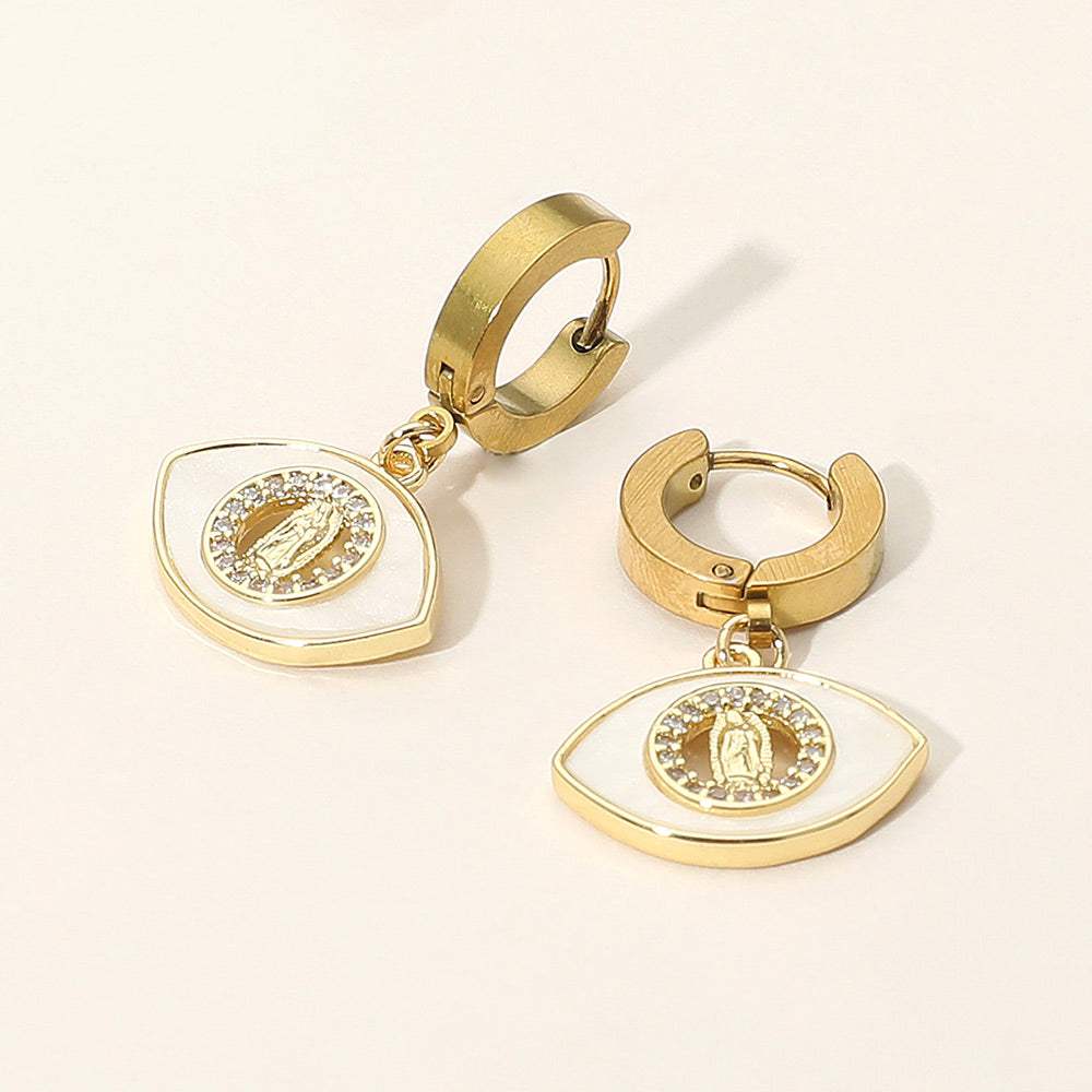 Stainless Steel Mother of Pearl CZ Stone Rim Virgin Mary Accent Evil Eye Charm Dangle Huggie Earrings - Madeline Love - Flyclothing LLC