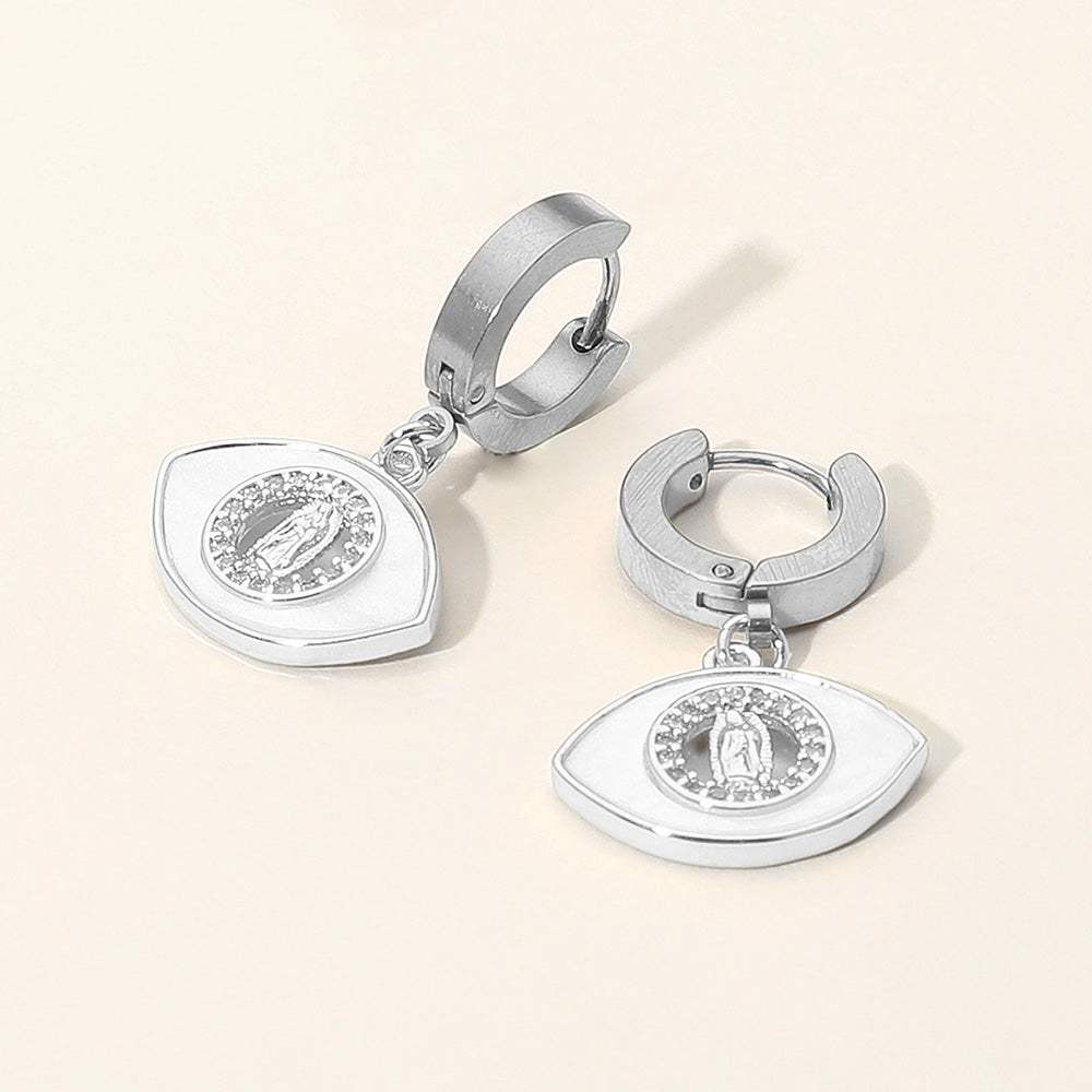 Stainless Steel Mother of Pearl CZ Stone Rim Virgin Mary Accent Evil Eye Charm Dangle Huggie Earrings - Madeline Love - Flyclothing LLC