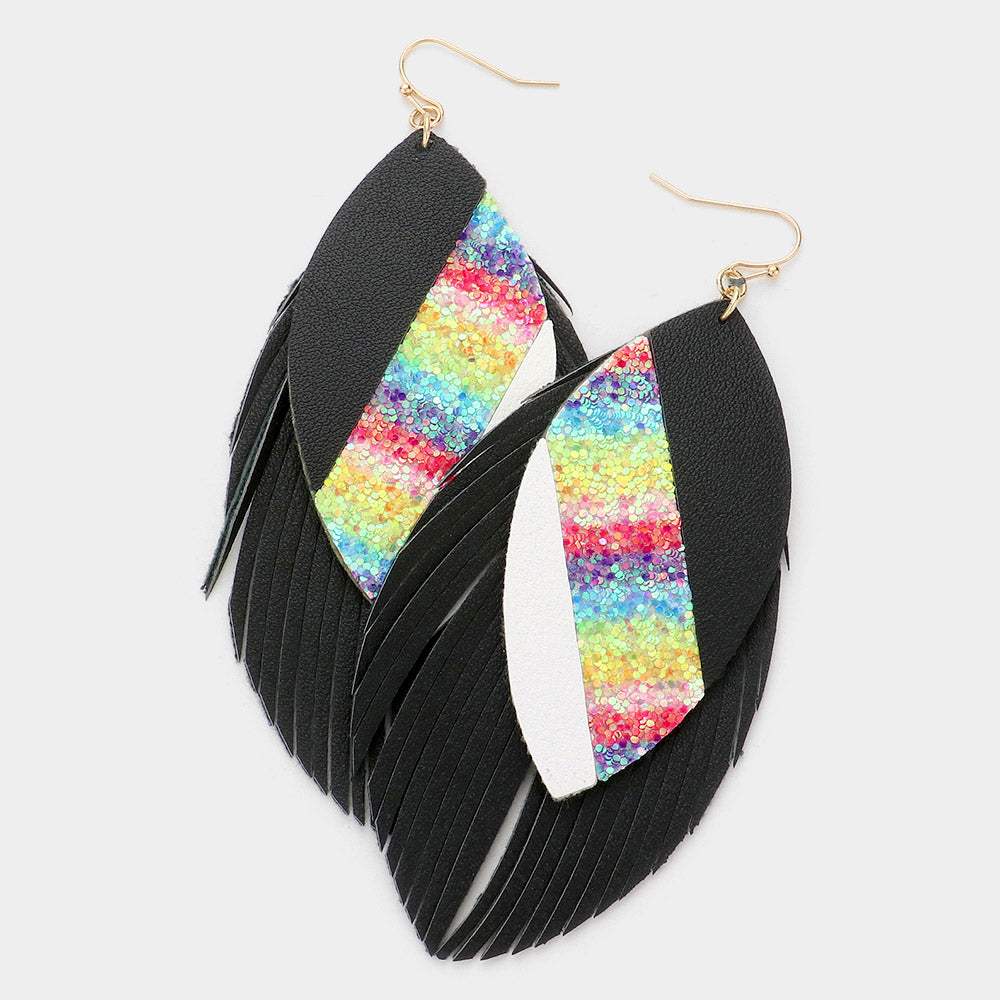 Bling Glitter Accented Faux Leather Feather Earrings - Madeline Love - Flyclothing LLC