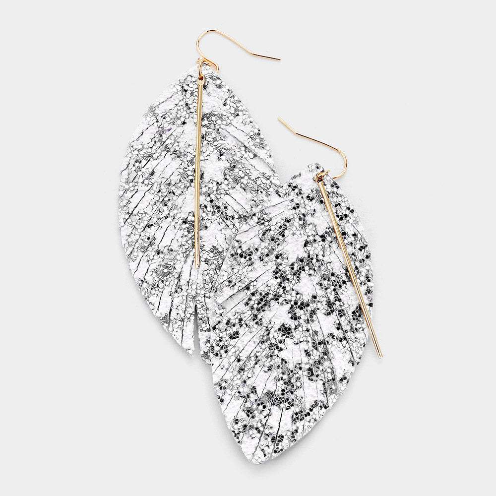 Metal Bar Bling Glitter Star Pattern Accented Feather Earrings - Madeline Love - Flyclothing LLC