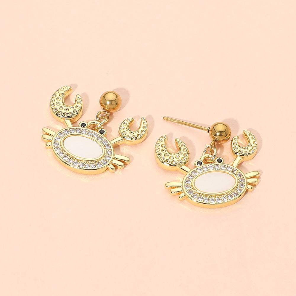 Stainless Steel Mother of Pearl CZ Stone Paved Crab Charm Dangle Earrings - Madeline Love - Flyclothing LLC