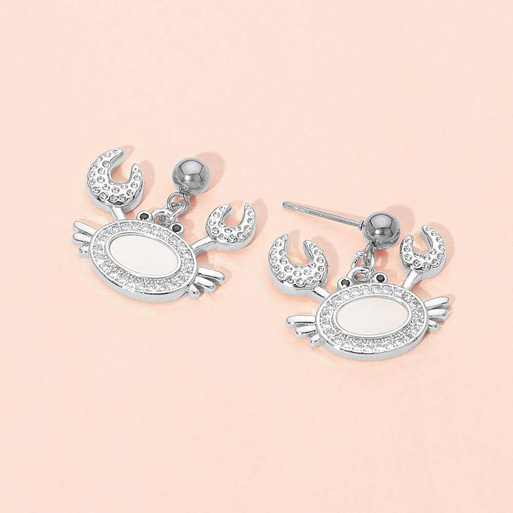 Stainless Steel Mother of Pearl CZ Stone Paved Crab Charm Dangle Earrings - Madeline Love - Flyclothing LLC