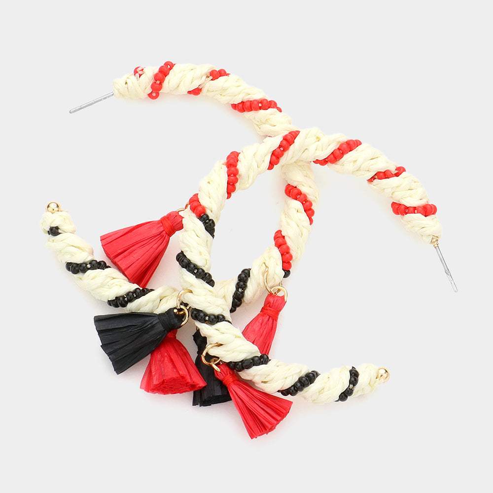 Raffia Seed Bead Wrapped Tassel Hoop Earrings - Madeline Love - Flyclothing LLC