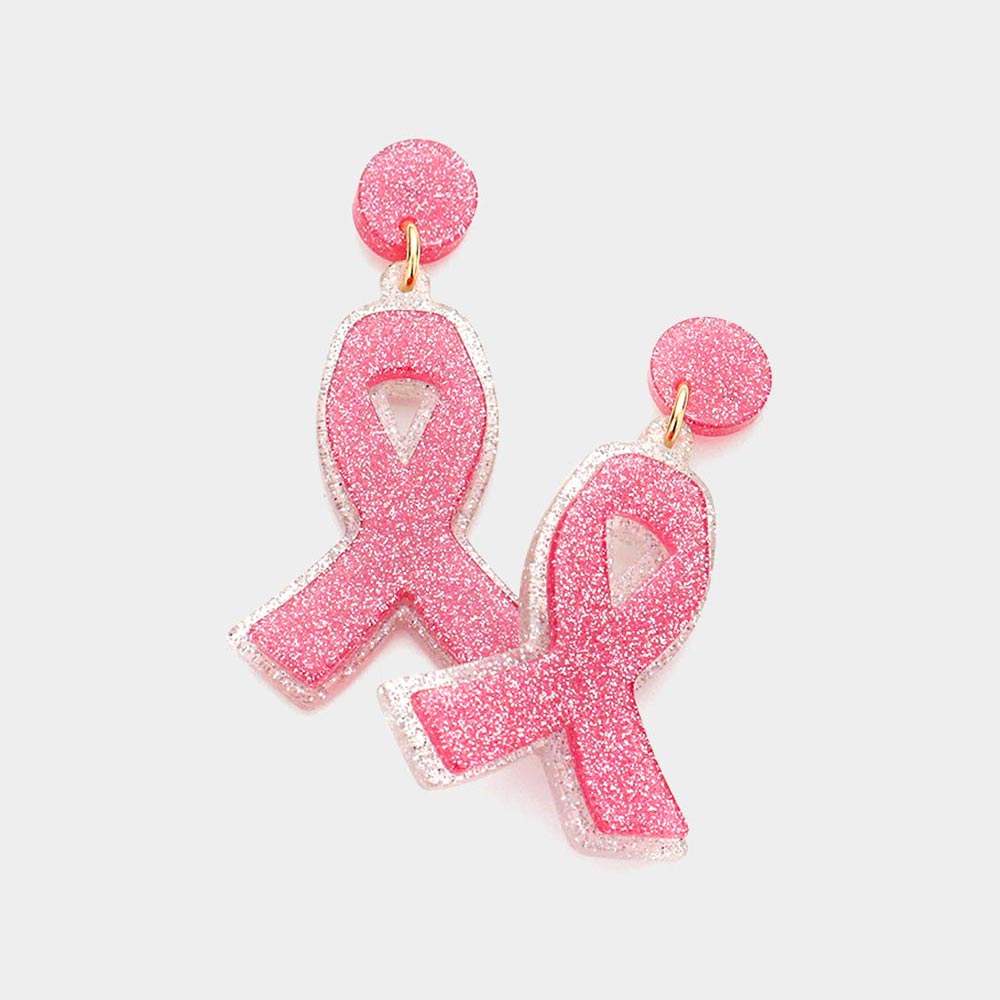 Glittered Resin Pink Ribbon Dangle Earrings - Madeline Love - Flyclothing LLC