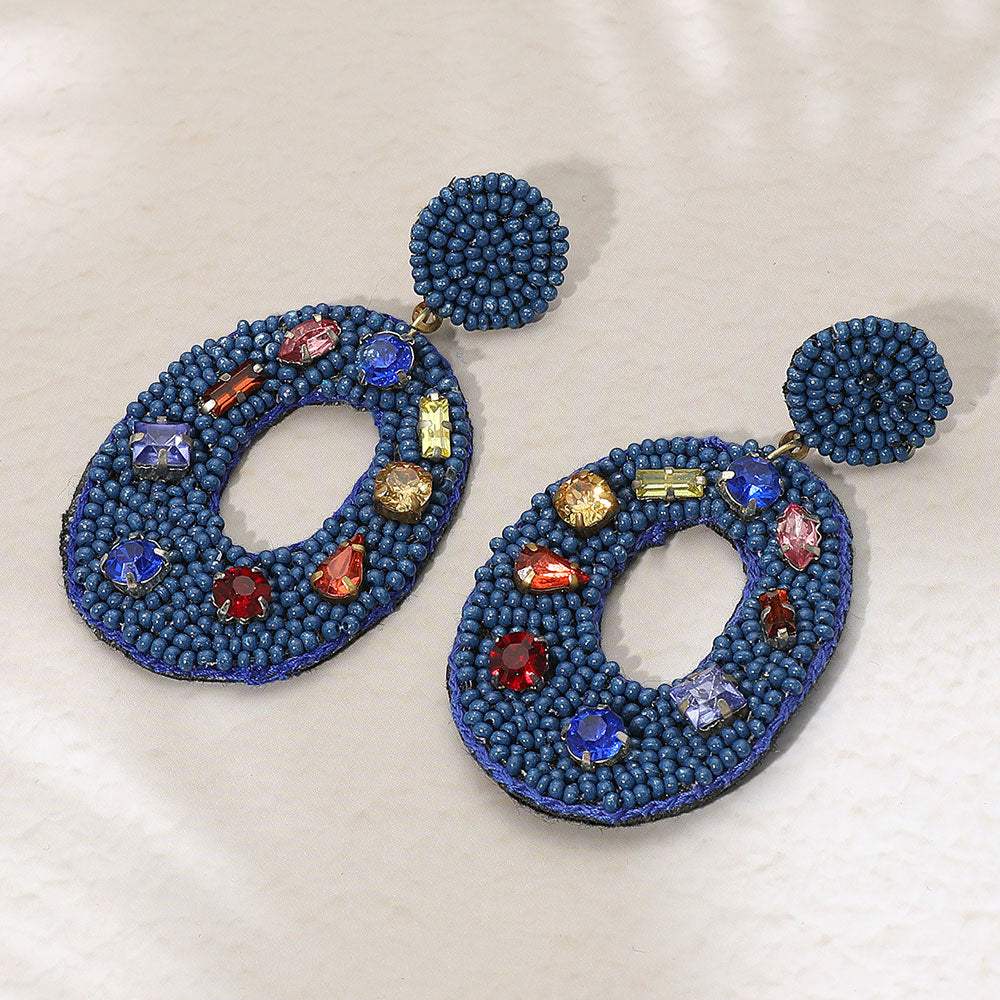 Multi Stone Embellished Seed Beaded Cutout Oval Dangle Earrings - Madeline Love - Flyclothing LLC
