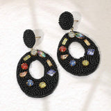 Multi Stone Embellished Seed Beaded Cutout Oval Dangle Earrings - Madeline Love - Flyclothing LLC