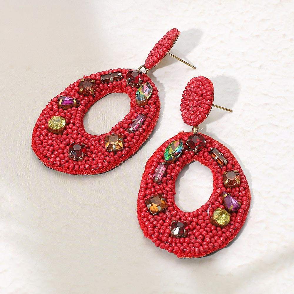 Multi Stone Embellished Seed Beaded Cutout Oval Dangle Earrings - Madeline Love - Flyclothing LLC