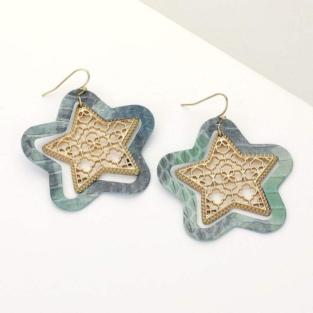 Faux Leather Moroccan Filigree Star Dangle Earrings - Madeline Love - Flyclothing LLC