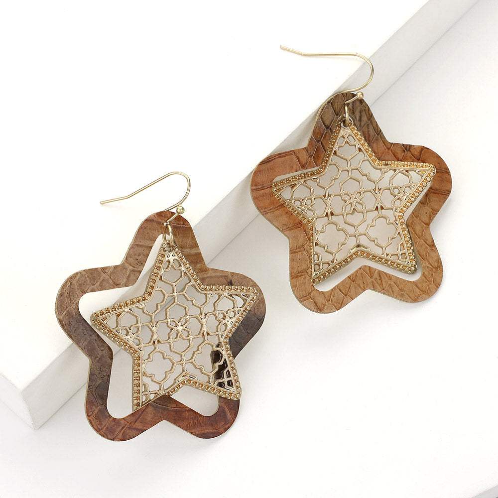 Faux Leather Moroccan Filigree Star Dangle Earrings - Madeline Love - Flyclothing LLC