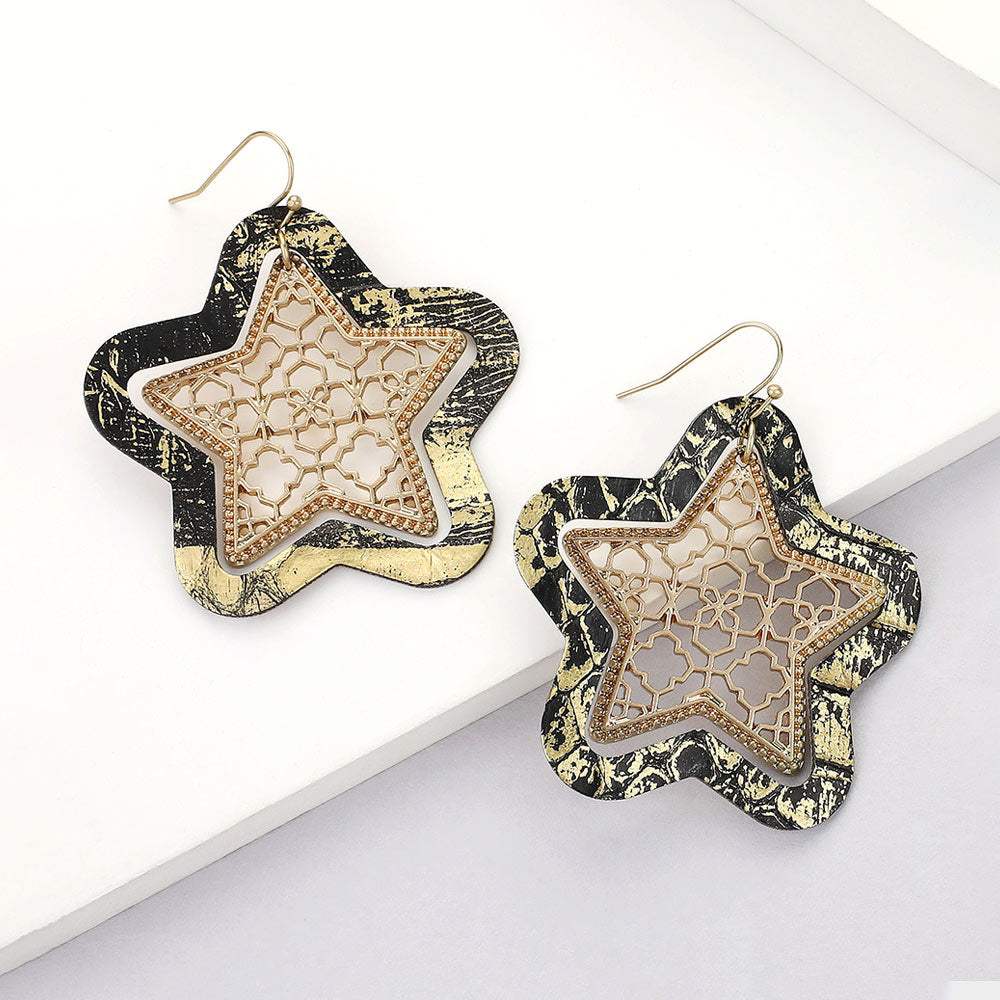 Faux Leather Moroccan Filigree Star Dangle Earrings - Madeline Love - Flyclothing LLC