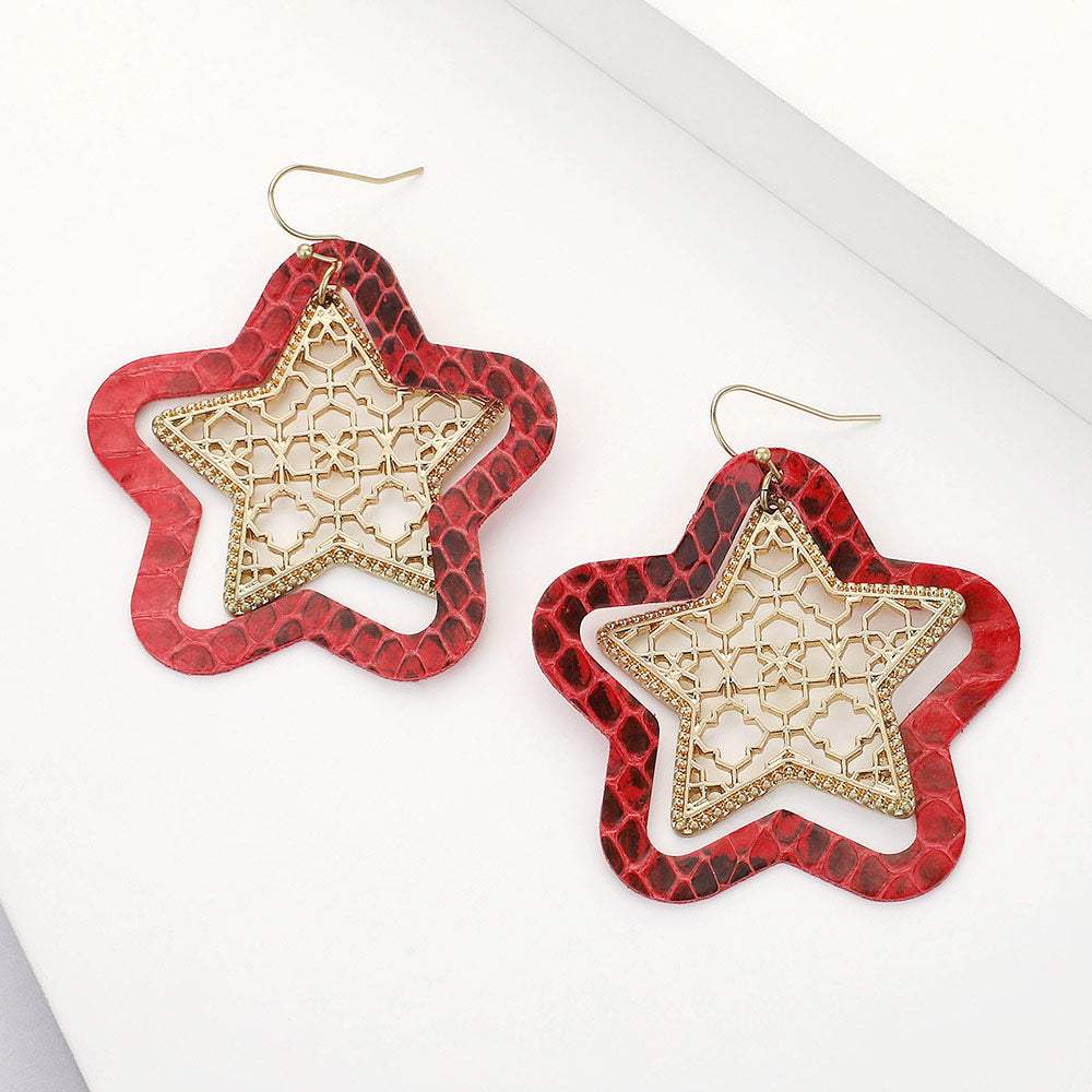 Faux Leather Moroccan Filigree Star Dangle Earrings - Madeline Love - Flyclothing LLC