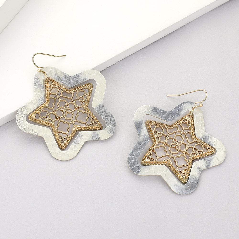 Faux Leather Moroccan Filigree Star Dangle Earrings - Madeline Love - Flyclothing LLC